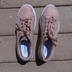 Pink faux suede loafers.